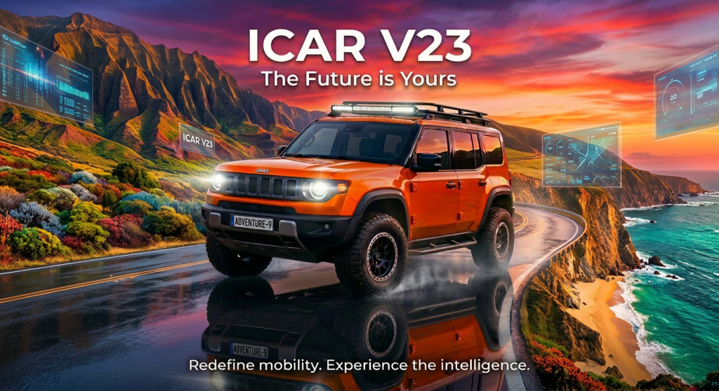 Orange ICAR V23 SUV on a coastal road at sunset with digital interface overlays and text 'The Future is Yours' and 'Redefine mobility. Experience the intelligence.'